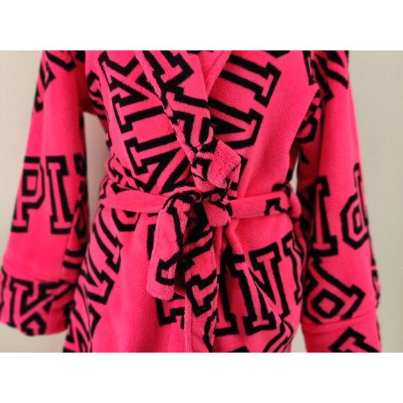 Victoria Secret Pink Size M Hot Pink Logo in Black Fleece Bathrobe with Belt - Picture 3 of 11